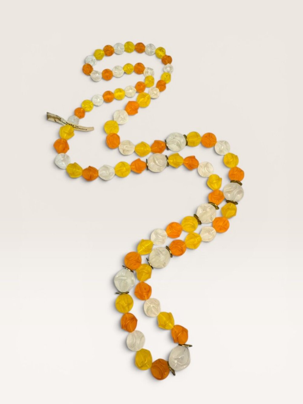 1960s Western Germany Yellow Orange Clear Plastic Bead Strand Necklace 35"